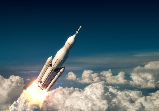 Flight Of Big Carrier Rocket Above The Clouds Flight Of Big Carrier Rocket Above The Clouds. 3D Illustration. rocketship stock pictures, royalty-free photos & images