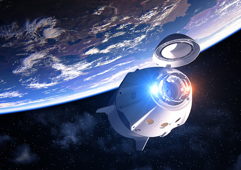 Commercial Spacecraft With Open Docking Hatch Orbiting Planet Earth. 3D Illustration.
