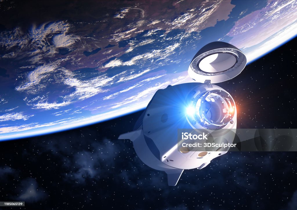 Commercial Spacecraft With Open Docking Hatch Orbiting Planet Earth Commercial Spacecraft With Open Docking Hatch Orbiting Planet Earth. 3D Illustration. Outer Space Stock Photo