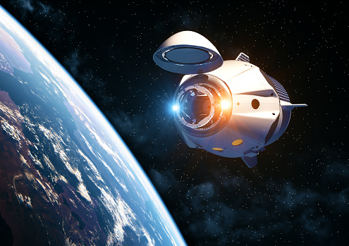 Commercial Spacecraft With Open Docking Hatch Orbiting Earth. 3D Illustration.