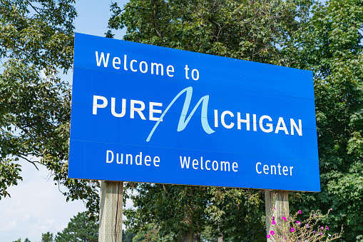 Petersburg, MI - September 21, 2019: Welcome to Pure Michigan sign at the Dundee Welcome Center