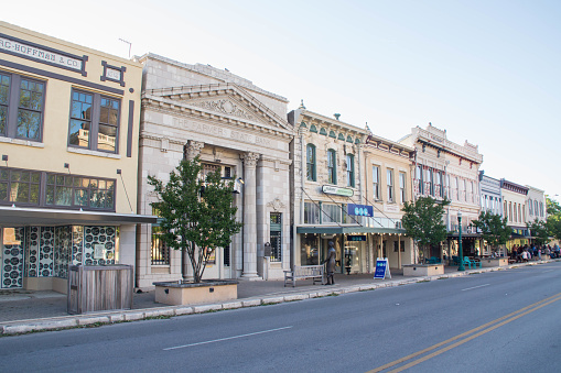 Georgetown, Texas - 15th April 2019: Street view of the shops in historical buildings on South Austin Ave