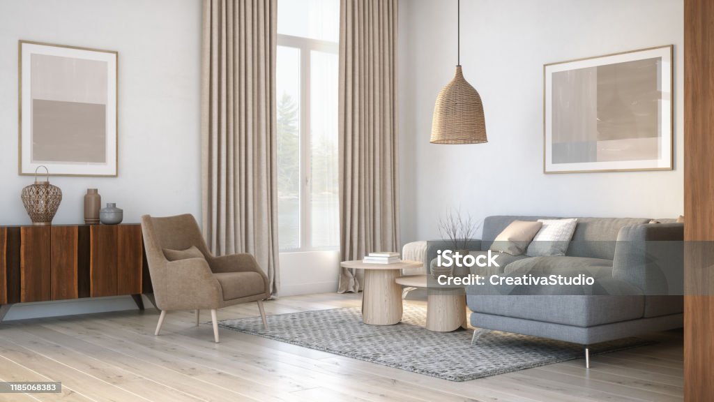 Modern scandinavian living room interior - 3d render Scandinavian interior design living room 3d render with gray and beige colored furniture and wooden elements Living Room Stock Photo