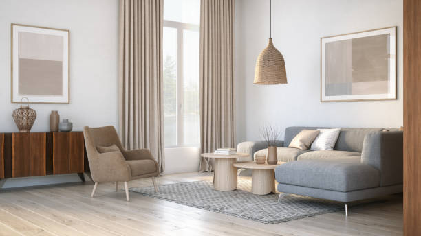 Modern scandinavian living room interior - 3d render Scandinavian interior design living room 3d render with gray and beige colored furniture and wooden elements curtain stock pictures, royalty-free photos & images