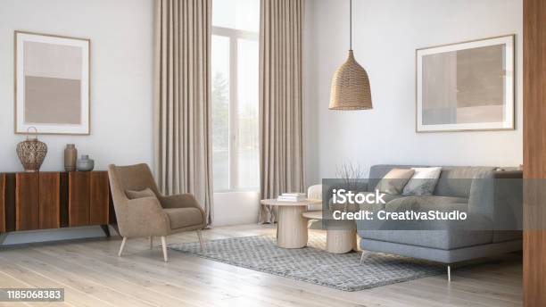 Modern Scandinavian Living Room Interior 3d Render Stock Photo - Download Image Now