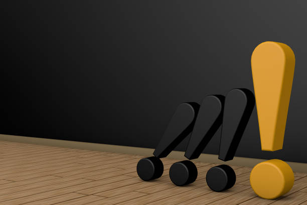 3d rendering of exclamation marks. Attention sign icons. yellow is the strongest. Falling like domino stones Hazard warning symbol in black background. Caution, Security, warning