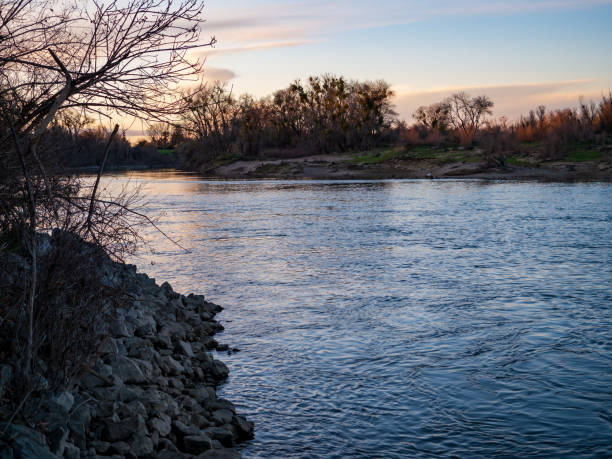 Peaceful winter sunset landscape on lower american river