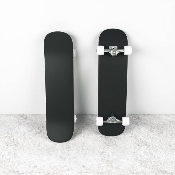Three blank white skateboards at dark grey background, mock up. 3D Rendering