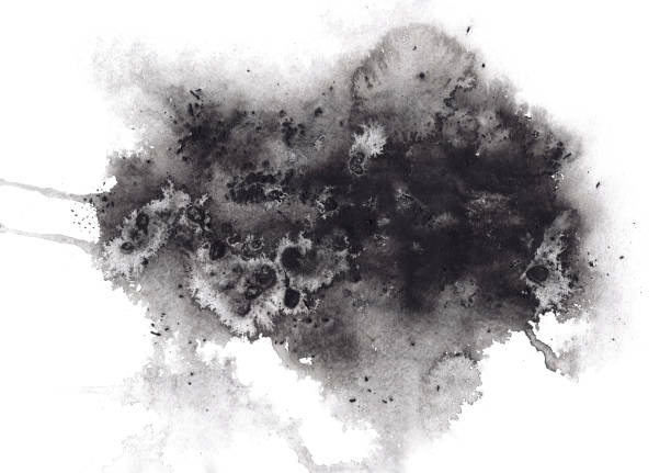 Abstract expressive black watercolor stain Abstract expressive textured black ink or watercolor stain. Mysterious dynamic isolated inky blob, dark thunderous cloud concept for texture, black friday banner design watercolor paints photos stock pictures, royalty-free photos & images