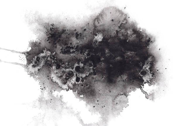 Abstract expressive black watercolor stain Abstract expressive textured black ink or watercolor stain. Mysterious dynamic isolated inky blob, dark thunderous cloud concept for texture, black friday banner design isolated on dark stock pictures, royalty-free photos & images