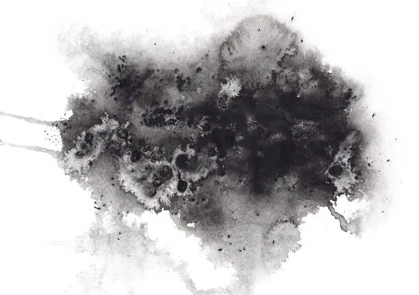 Abstract expressive textured black ink or watercolor stain. Mysterious dynamic isolated inky blob, dark thunderous cloud concept for texture, black friday banner design
