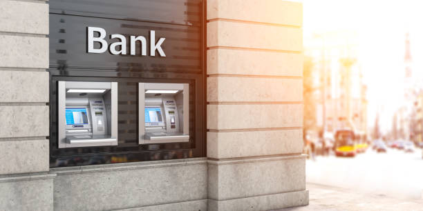Bank ATM automatic teller machines for money withdrawing. The station of self service automatic machines, Concept of banking. Bank ATM automatic teller machines for money withdrawing. The station of self service automatic machines, Concept of banking. 3d illustration banks and atms stock pictures, royalty-free photos & images
