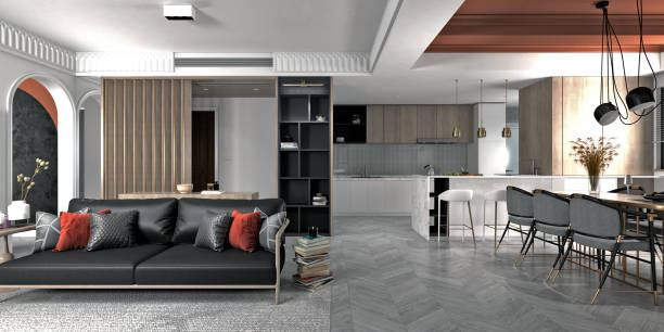 istock 3d render. Dining and living room interior. 1185082498