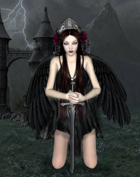 istock Fallen angel with black wings and a sword 1185083073