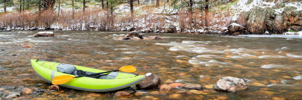 istock inflatable whitewater kayak in spring snowstorm 1185085626