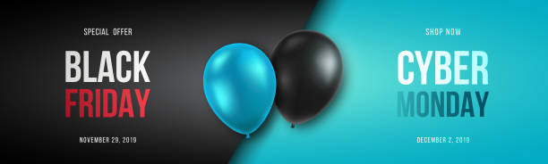black friday ve cyber pazartesi afiş web sitesi için uzun dar başlık. 3d siyah ve mavi gerçekçi balonlar ve satış metni. stok vektör illüstrasyon. - cyber monday stock illustrations