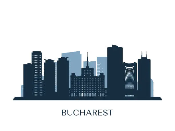 Vector illustration of Bucharest skyline, monochrome silhouette. Vector illustration.