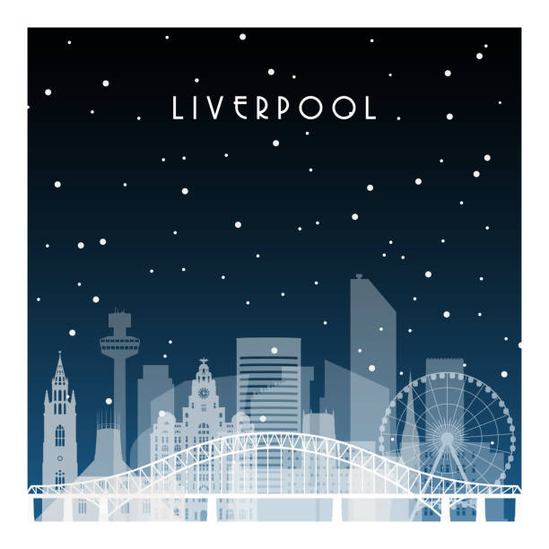 리버풀의 겨울 밤. 배너, 포스터, 일러스트 레이션, 배경에 대한 평면 스타일의 밤 도시입니다. - liverpool stock illustrations