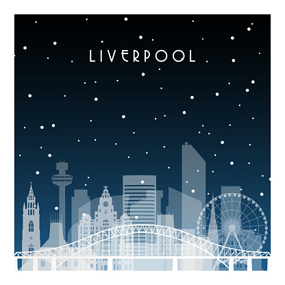 Winter night in Liverpool. Night city in flat style for banner, poster, illustration, background.