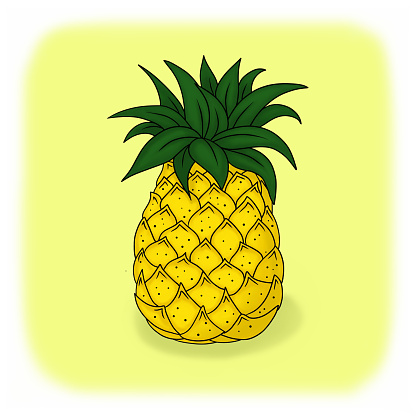 Cartoon pineapple fruit on yellow background. Hand drawn colorful  illustration for children book, poster, postcard.