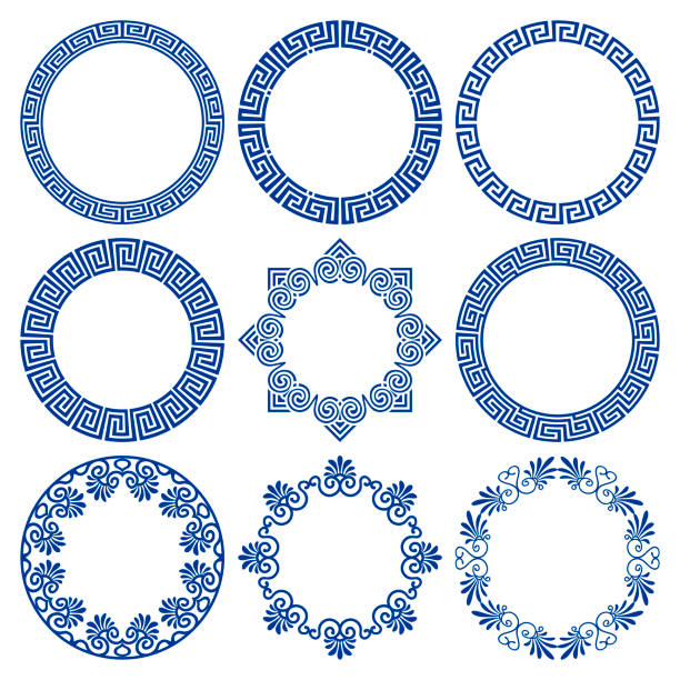 Vector set of circle blue frames in traditional and modern greek style Vector set of round blue frames in traditional and modern Hellenic style isolated on white background. Circle borders with greek meander pattern. For design and decoration of plates, cards, banners greek culture stock illustrations