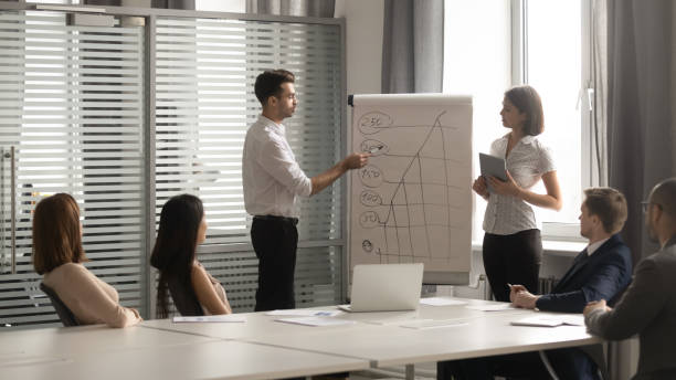 istock Diverse professional business coaches give flip chart presentation in boardroom 1185095754