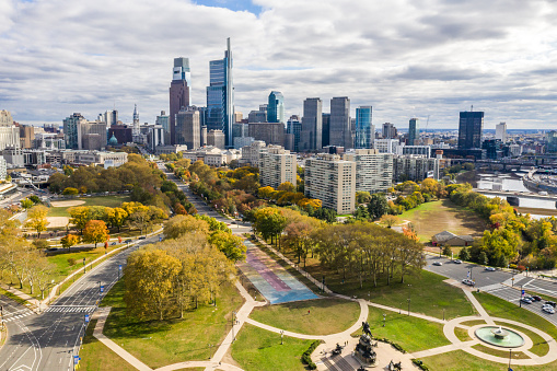 Picture shows a drone view on the Philadelphia Skyline