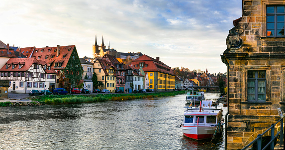 Travel in Germany - boat trip over Regniz river. Bamberg town. Bavaria