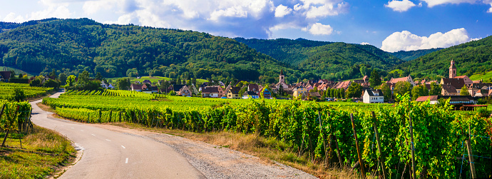 scenic vilages of Alsace in France near Germany, with traditional half timbered houses