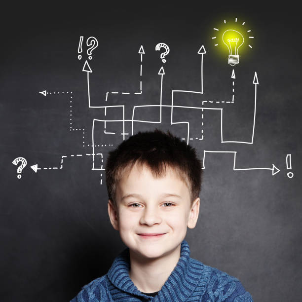 istock Smiling boy with question signs and light idea bulb, education concept 1185102538
