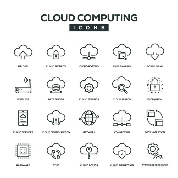 набор значков линии облачных вычислений - diagram computer network network server network security stock illustrations