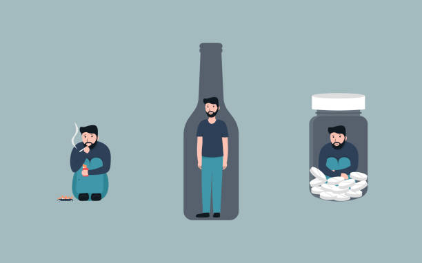 addiction set man Bad habits set, alcoholism, pills drug addiction, smoking, Vector flat cartoon character illustration. Isolated on background. alcoholism stock illustrations