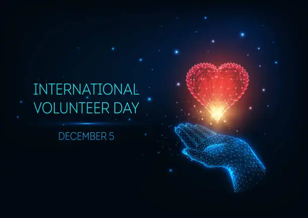 Vector illustration of Futuristic glow low poly International Volunteer Day concept with hand holding red heart and text .