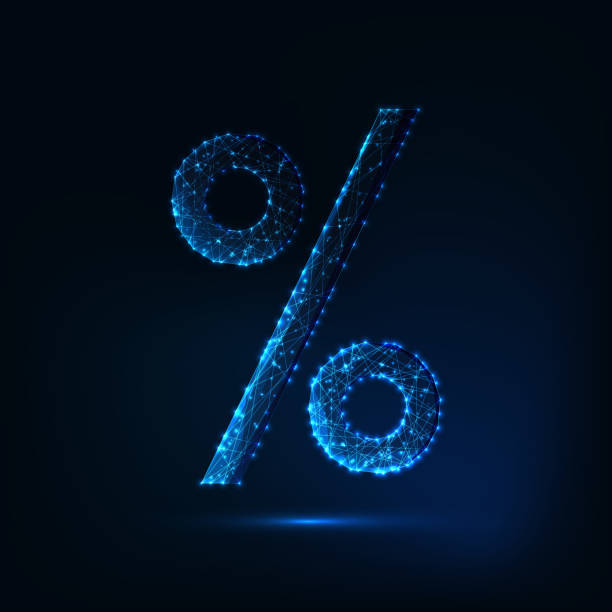 Futuristic glowing low polygonal percentage sign isolated on dark blue background. Futuristic glowing low polygonal percentage sign made of lines, stars, particles, triangles isolated on dark blue background. Modern wire frame mesh design vector illustration. tax patterns stock illustrations