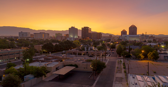 Orange Sunrise Aerial Perspective Downtown City Skyline Albuquerque Nuevo México photo