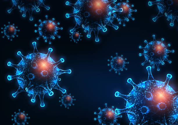 футуристические светящиеся низкоугольные вич, грипп или ротавирусные клетки на темно-синем фоне. - human immune system bacterium flu virus illness stock illustrations