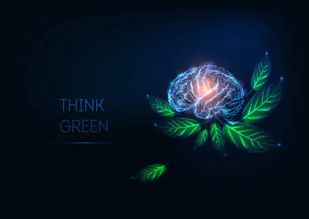 Vector illustration of Futuristic glowing low polygonal human brain and green leaves on dark blue background.