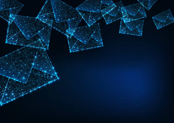 Futuristic glowing low polygonal mail envelopes and copy space for text on dark blue background. Futuristic glowing low polygonal mail envelopes made of lines, dots, light particles and copy space for text on dark blue background. Social media concept. Modern wire frame design vector illustration blue mailbox stock illustrations