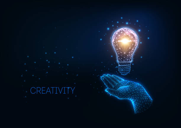 Futuristic idea, creativity concept with glowing low polygonal light bulb and human hand. Futuristic glowing low polygonal light bulb and human hand isolated on dark blue background. Creativity, idea concept. Modern wire frame mesh design vector illustration. imagination technology stock illustrations