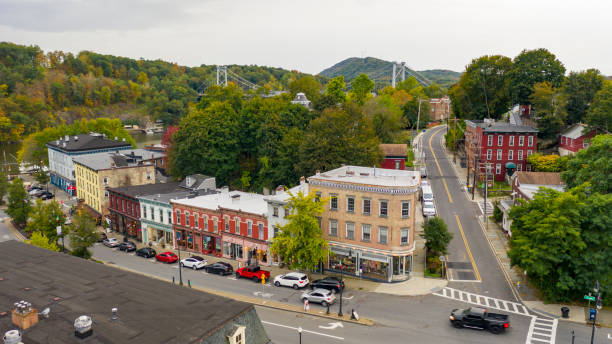Aerial View Over Broadway Street South Kingston New York Rondout Creek flows past under bridges on the waterfront in South Kingston New York USA new england usa photos stock pictures, royalty-free photos & images