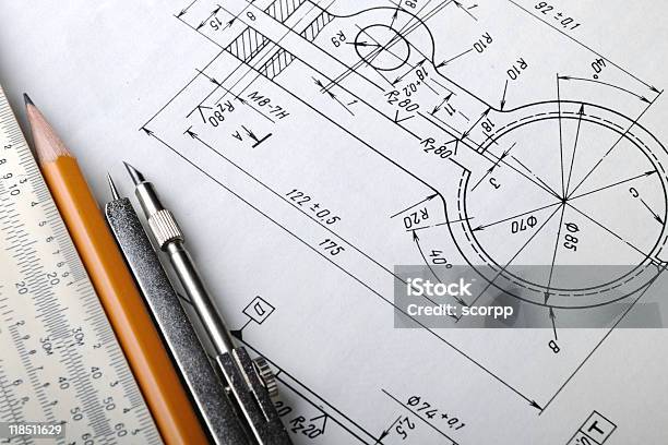 Disegno Di Dettaglio - Fotografie stock e altre immagini di Attrezzi da lavoro - Attrezzi da lavoro, Carta, Cianografia