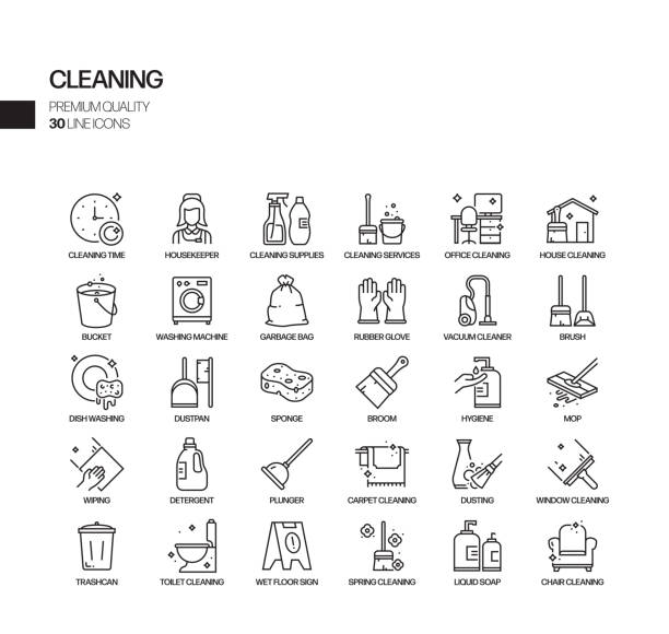 ilustraciones, imágenes clip art, dibujos animados e iconos de stock de conjunto simple de iconos de línea vectorial relacionados con la limpieza. colección de símbolos de esquema. - dust dusting cleaning broom