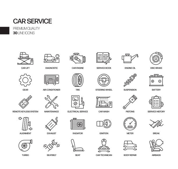 ilustrações, clipart, desenhos animados e ícones de conjunto simples de ícones da linha de vetor relacionado s serviço de carro. coleção de símbolos de esboço. - car symbol repairing auto repair shop