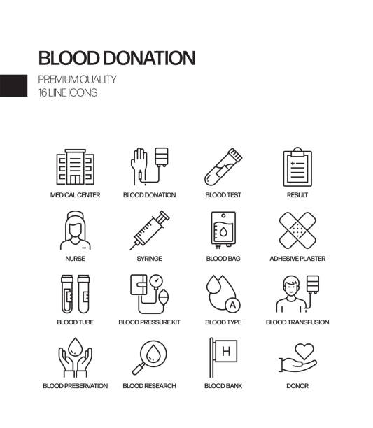 ilustrações de stock, clip art, desenhos animados e ícones de simple set of blood donation related vector line icons. outline symbol collection. - blood bag