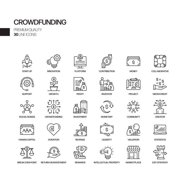 ilustraciones, imágenes clip art, dibujos animados e iconos de stock de conjunto simple de iconos de línea vectorial relacionados con crowdfunding. colección de símbolos de esquema. - micromecenazgo