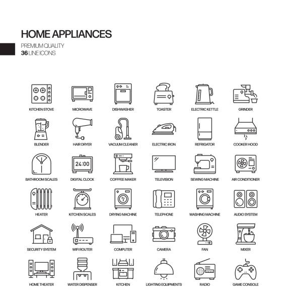 ilustrações de stock, clip art, desenhos animados e ícones de simple set of home appliances related vector line icons. outline symbol collection. - torradeira ilustrações