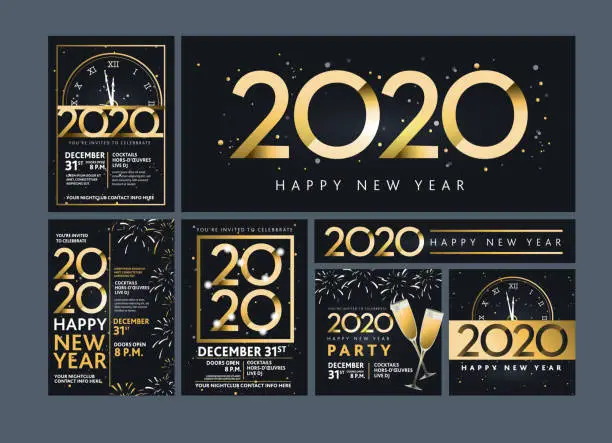 Vector illustration of Set of Happy New Year 2020 party invitation design templates in metallic gold with glitter
