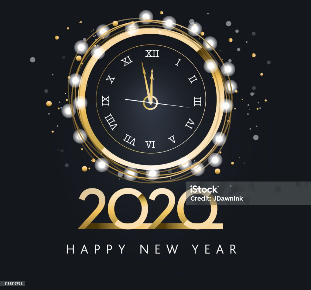 Happy New Year 2020 Clock Striking Midnight Greeting Card Banner ...