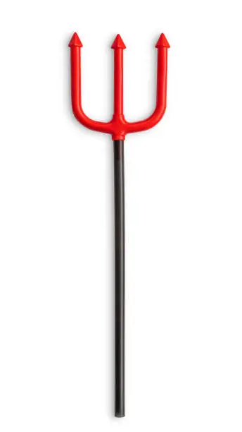 Photo of Halloween Trident, pitchfork isolated on white background (clipping path) for kid devil costume holiday party