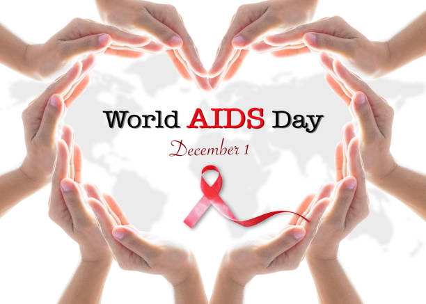 dünya aids gün 1 aralık ve kırmızı kurdele farkındalık hiv olan insanlar üzerinde destek yükselterek - world aids day stok fotoğraflar ve resimler